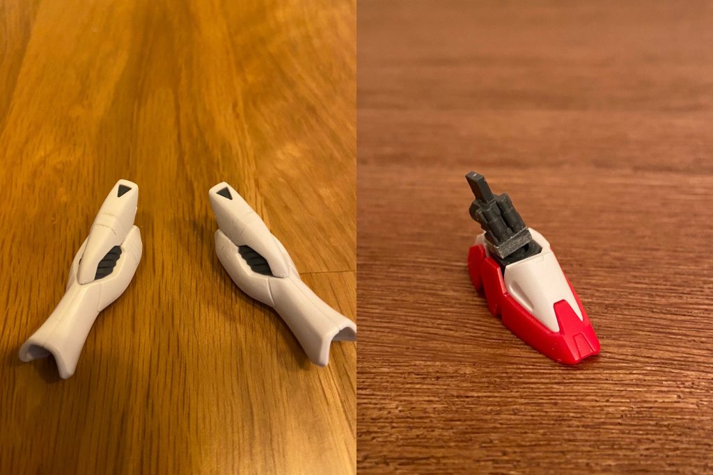 脚部そのものも延長。ふくらはぎと膝辺りで切り離してから延長工作をしました。足の長さ稼ぎと、足首アーマーの位置を上げて足首との距離を空けたくなったため、足首関節パーツを延長。