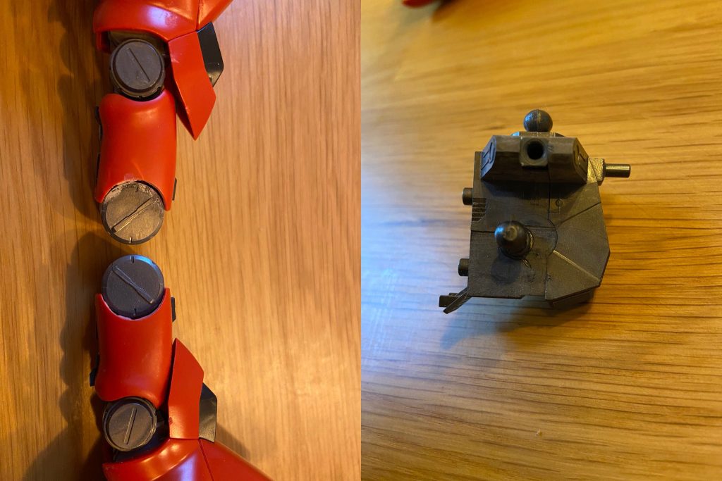 膝関節は反る方向に可動域を広げ、股関節は前方向に移設。S字立ちに近い立ち方をさせるための工作です。画像では分かりにくいですが、腿は中心の分割線にプラ材を挟み込み幅増し。挟んだプラ材はあえて露出させて、内部フレームが見えている風のディテールとして処理しました。