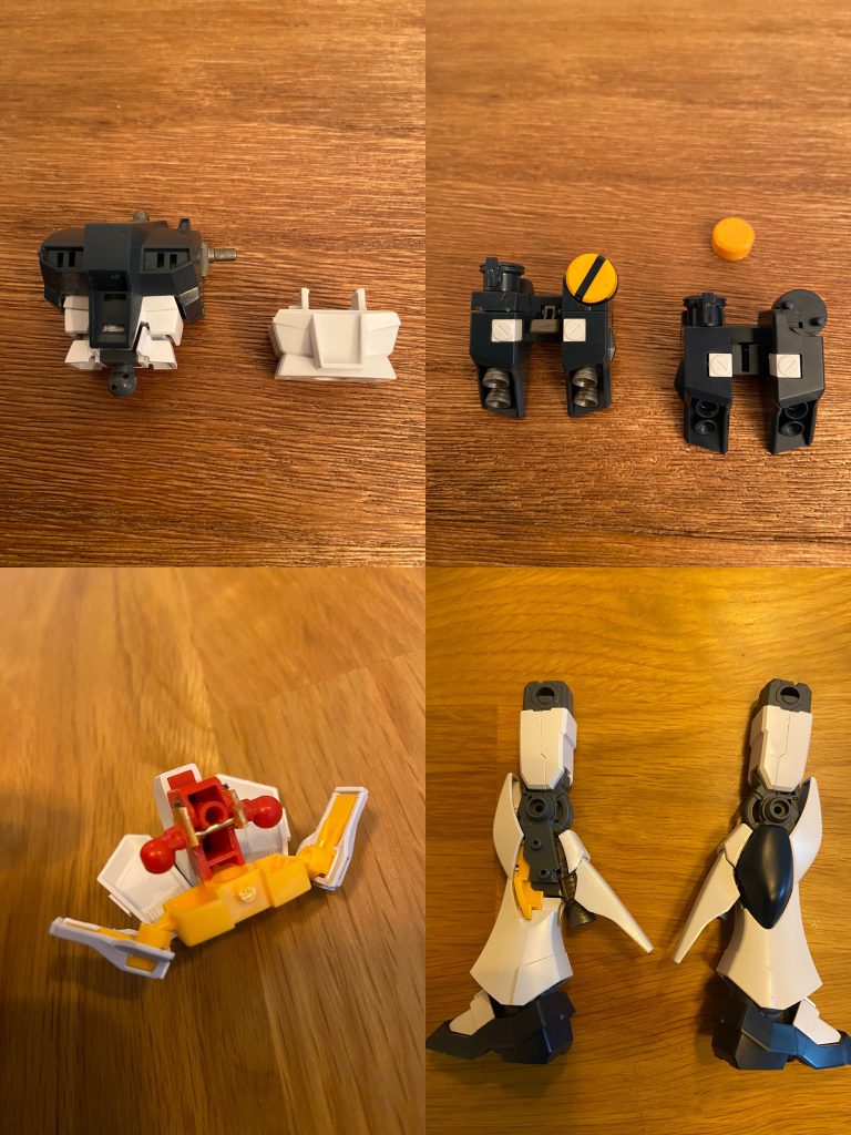 腹部は関節が配置されているEGを使用。バックパックはHGUCですが黄色の部分のみEGから流用。腰基部とサイドアーマーはEG、フロント・リアアーマーはHGUCから。股関節軸は左右に離す形で改修を加えています。脚部の大半はEGですが、ふくらはぎのバーニア展開構造はHGUCより流用。