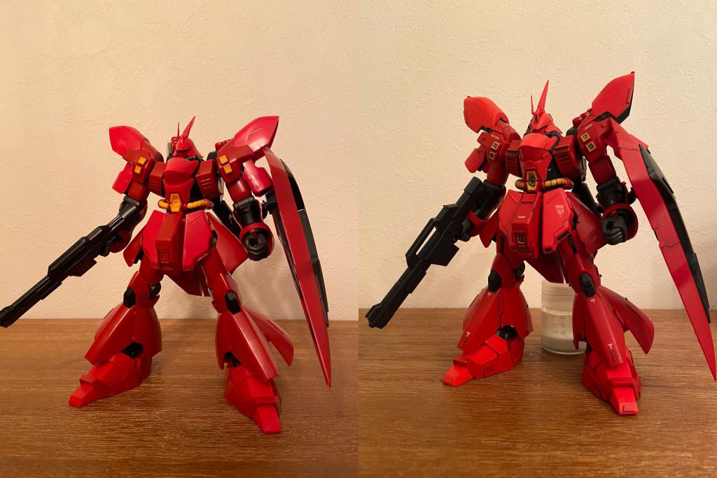 左:Before 右:Afterです。主な改修点は①額から頭頂部形状変更②肩アーマー形状変更③股関節位置変更④腿幅増し⑤膝関節可動域拡大 です。