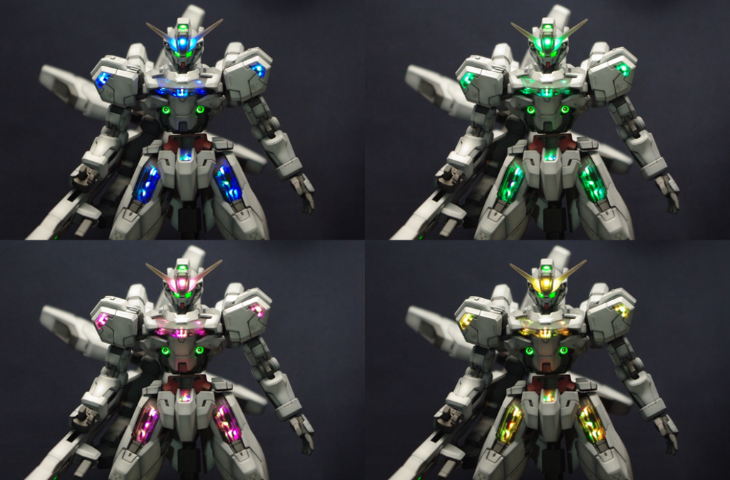 任意に発光色を変えることができるため、劇中には登場していないキャリバーンのパーメットスコア6(青)や、サイコフレーム覚醒(緑)、トランザム(ピンク)なんかも再現可能です。