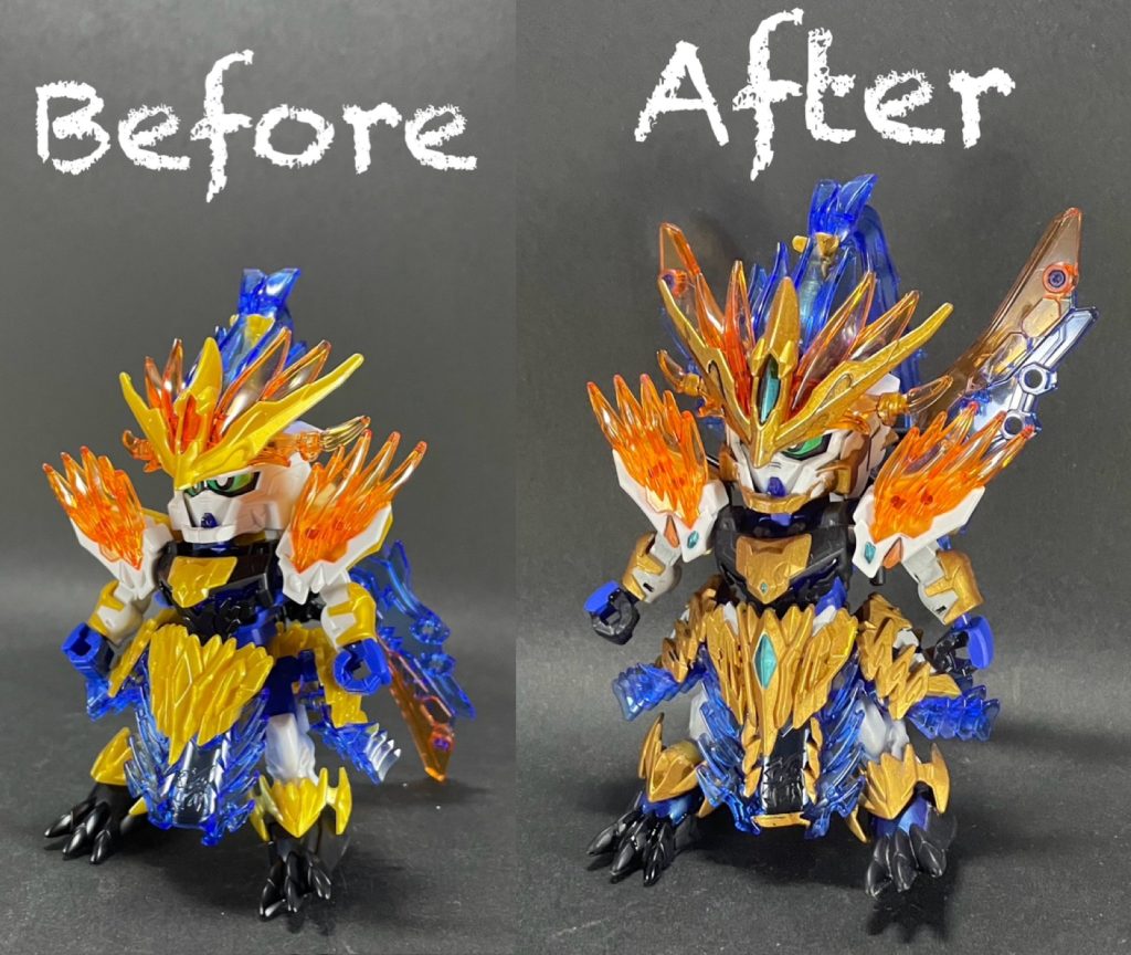 素組みとのビフォーアフター！ゴールドのパーツを塗るだけでも豪華な感じが出ると思います😁