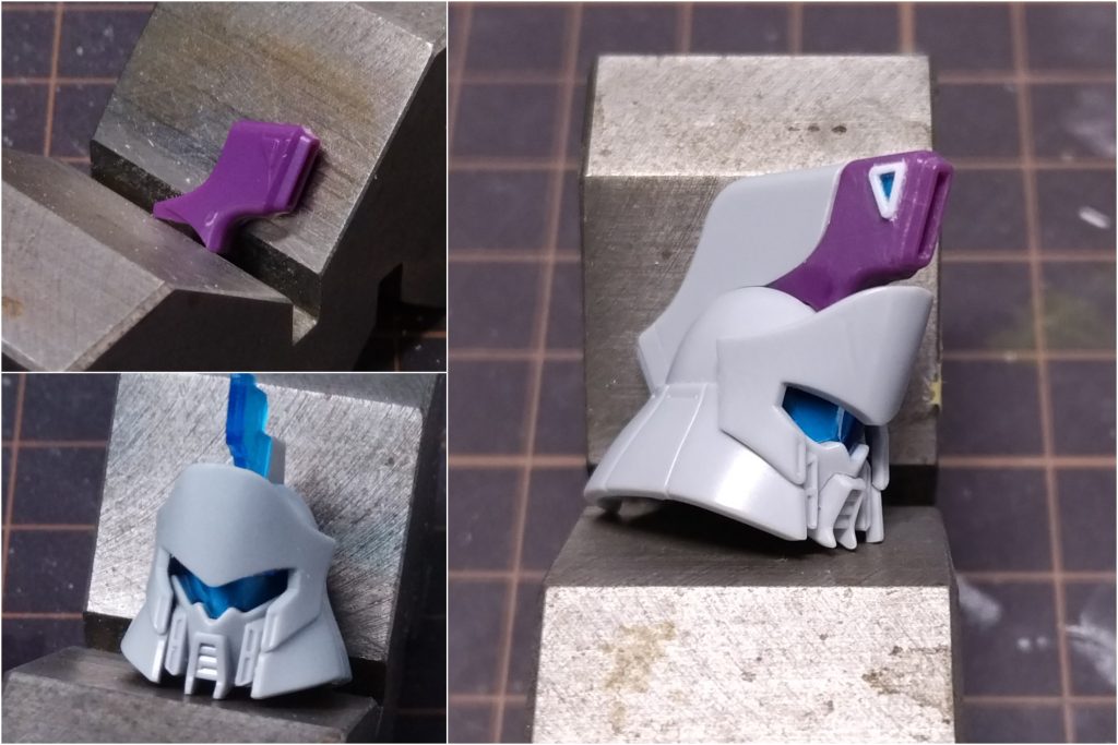 頭部はトサカ側面の三角窓が簡略化されていたのを設定画準拠に変更。唇が厚いように思えたので、フチを薄く加工しました。また後頭部は分割ラインの変更と、設定画のダクトディテールを再現しています。