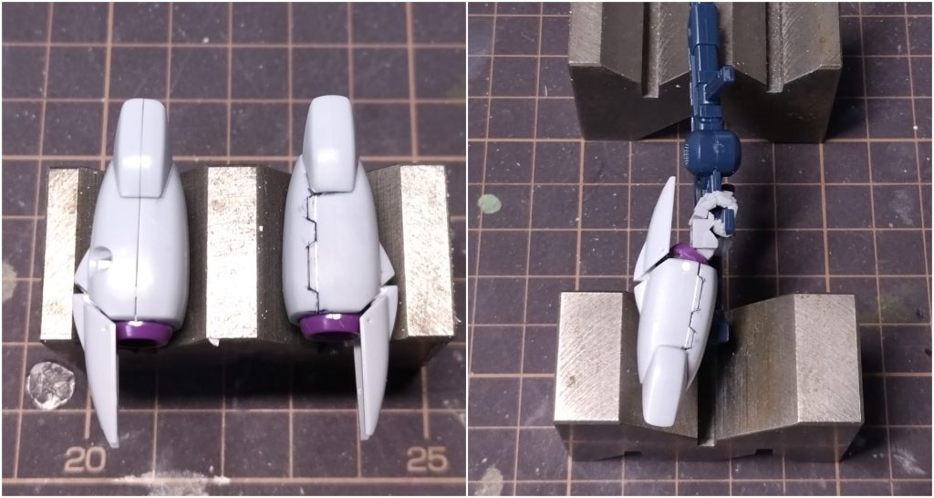 前腕の肘側の分割ラインを変更。デザインは前面にそろえています。ライフルの持ち方をトリガーに指がかかるように変更したら銃床が腕に干渉するようになったので、手首に角度をつけられるようにしてライフルを逃がしました。