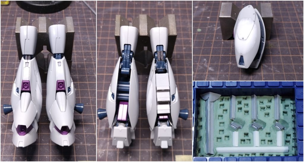 左脚が加工前、右脚が加工後。膝関節にメッシュパイプを追加したり、すね正面から側面に分割ラインを変更したり、足の甲カバー小型化したりしています。ふくらはぎ内側が凹んだようなシルエットになっていたので、プラ板を貼りつけてシンプルな曲面に変更しました。ふくらはぎのスラスターは細かったので、1mm幅増ししてシリコン型をとって複製して揃えました。