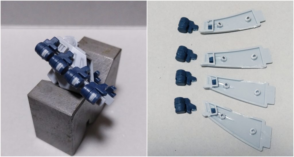 背中のフィン・ノズル基部は差し込みピンが貫通しているのを飛び出ないように成形。2枚目は後ハメ加工。