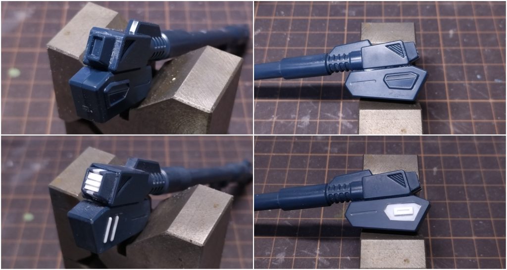 ビームランチャーの後端のダクトが省略されていたのでプラ板で制作。エネルギーパックっぽい部分が設定画と全然違うディテールだったので作り直しました。