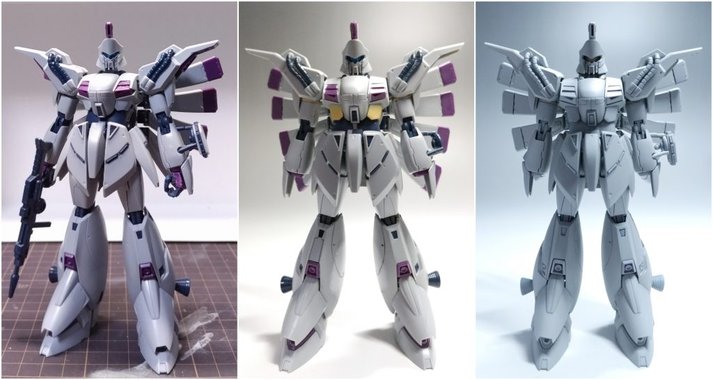 パチ組みとサフ前サフ後。全体的に太くなって印象もかなり違うのではないでしょうか。本当に全身手を加えていて、キットのままなのはおそらく太ももと足だけです。