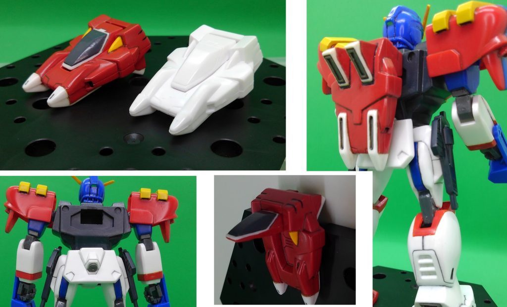 コアランダーは資料が少なくキャノピーを何色にすべきか悩んだのですが、幸いにして本編18話に搭乗シーンがあったため参考にできました。キャノピーの色は赤とグレーと薄紫の分量を少しずつ変えながら調色したのですが配合の再現ができないため、万一削れてしまったらリペイント不可能!故にトップコート多めでコーティングの上、本体の接続部分に100均の黒マスキングテープを貼って塗面が擦れないようにしました。画像では見えなくなっていますが、腰の突起にも白マスキングテープを貼って、コアランダーと接触する部分の緩衝にしています。便利。