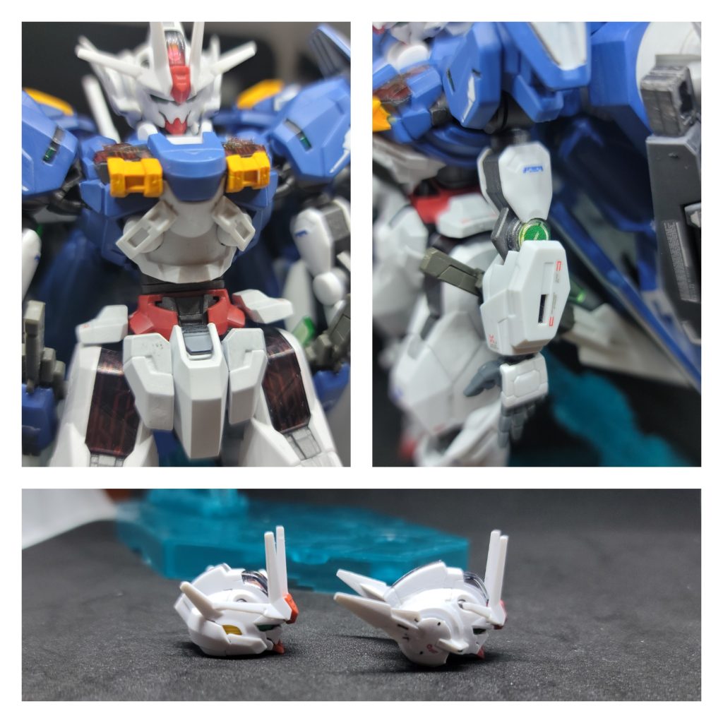 改造箇所をざっと1番変わったのは頭部パーツですね。アストレアのパーツを付けられるようかなり削りこんでます。違和感なく出来たのではないかと！