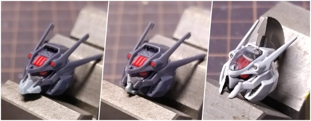 ノーマル頭部、マスク？を外したガンダムフェイス、改造後　の写真。外側の角を減らしてトサカを付けました。頬当てを下方向に延長した他、フェイス部分を小さく削りガンダムフェイスじゃなくなりました。