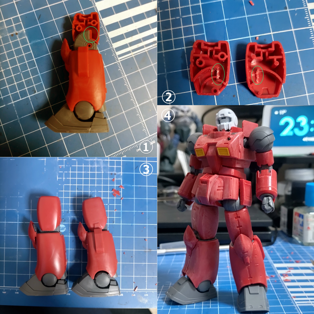 膝は素の状態だと単にまっすぐになってしまい違和感あったので(後から調べたら皆同じ事言ってましたね)、内部の壁1枚削り落としました。(1)緑で囲んだところ、ここでがっつり止められているので(2)ストッパーになっている赤い方の縦の部分を削り取っただけ(3)before/after (4)全身像(600番でヤスったところ)