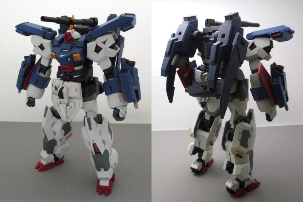 フォートレスが変形して、ダブルディーMS形態に。腰回りとバックパックの一部はスクラッチで、あとはデミ２種とウル、あとメガライドランチャーのパーツで作成。ライフルはリアスカートにマウント可能。トリコロール＋差し色は塗装が大変でした…。白とか赤は発色が悪いので、ウルのパーツを白にするのが特に大変でした。 