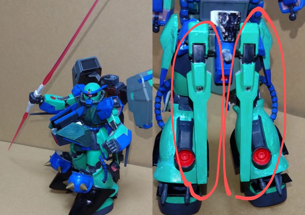 専用ビームジャベリン片手持ち用の連結されたビームサーベルになります。ラケルタ系ビームサーベルのように連結させた『アンビデクストラス・ハルバード』形態の運用となり、分離はできない使用に。非使用時は背中に収納される。こちらは余ってたジョイントやランナーの端を接着剤で連結したモノになります。  対空防御ビーム砲×2機体の後方の尻部分に搭載されているビーム砲。後方から敵が迫ってきた際に可動してビームを放つ使用になります。ただのビーム砲の為、分離してドラグーンにはなりません。こちらも旧キットの『プロヴィデンス』のモノを使いました。実際に可動はしませんが、設定では動くことになってます。