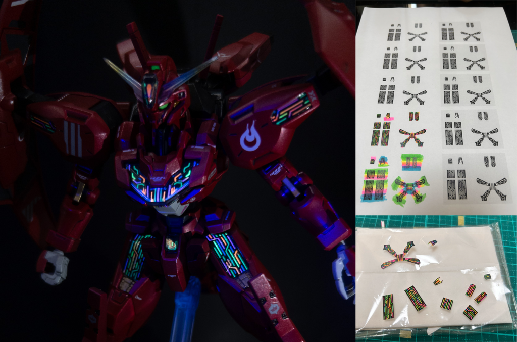 シェルユニットも自作!自宅のプリンタでシールをスキャン Adobe Illustrator でシートの形をトレースせっかくなのでオリジナルパターンでラインを新規作成インクジェットで印刷後、蛍光ペンで上から色乗せたらインクが滲む滲む...🥲大人しくセブンイレブンでネットプリントレーザープリンタのおかげで滲むことなく蛍光カラーを乗せことに成功しかーし、買ったペンではうまくグラデーションできない(色同士混ざりにくい)ことがわかったので、各ライン毎に色分けする事にしてみましたこれはこれで面白いと思いますがどうでしょうか?