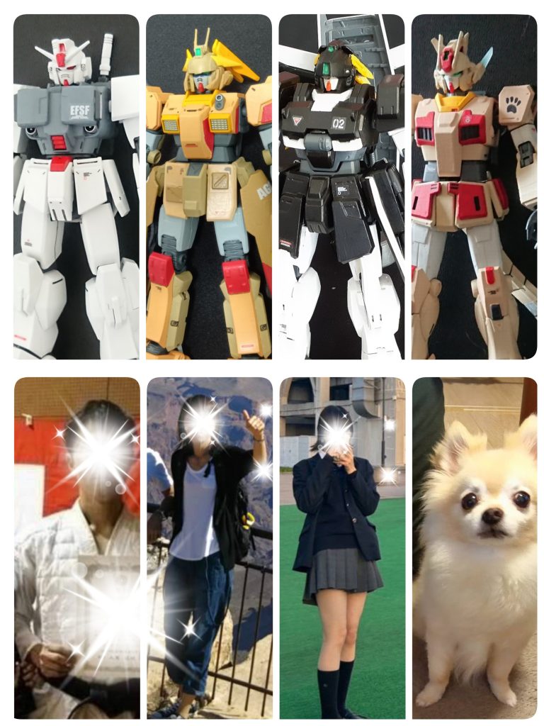 家族分揃ったので集合写真。実は、我が家は全員イニシャルがRHなのです。私。とある武道の師範資格を持つ脳筋オヤジ妻。元実業団バレー選手のパートタイマー娘。中高とパンフモデルをこなすぐうたらJK息子。癒し担当、内弁慶の箱入りさんガンプラ好きなのは、私だけ(gundam-kao5)