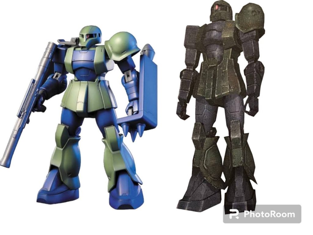 ノーマル旧ザクの素組みとゲームモデルの比較です。アニメ風とMG風でスタイルが大きく異なり、作る前から若干諦めかけましたが、笑でもそれなりにゲームモデルに寄せられたかな?元キットがかなりウェストを絞ったデザインなので、ここは改修のマストポイントと感じました。