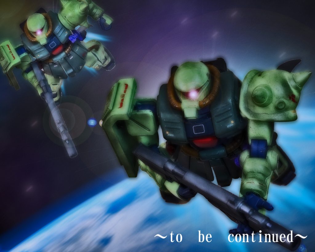 ボールのパイロットはレーダーだけでなく目視で2つの光跡を確認する。「…モビルスーツか?だが異様に速いぞ……」迫りくる敵機に各ボールは射撃準備に入る。「たった2機にやられたのか、俺達は？」レバーを握りしめ、パイロット達はその瞬間を待った。 〜to be continued〜