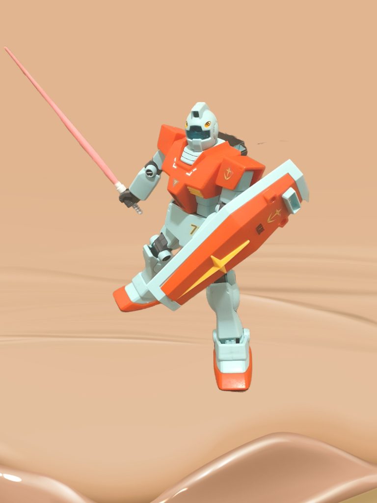 地上作戦シーンにてサーベルを構えるジム。相手はグフ?