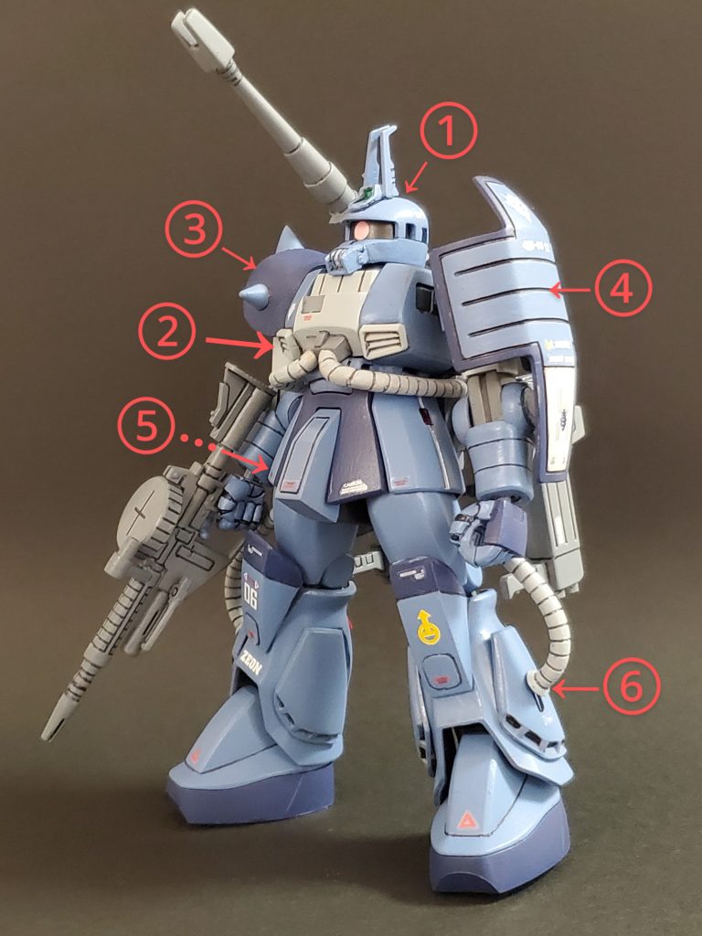 front view after🎶では今回の改修ポイント~🤩🎶①頭部はザクIIヘッドをベースに旧キットの登頂部カメラとラビットアンテナを取り付け❗そして特徴的な口元👄は移植が難しかったのでデザインナイフ🔪で削りディテールを彫って再現してみました😵💦②胸部パネルは旧キットから削りだし移植❕胸両脇の排気ダクトはガンダムmkIIのものを流用してます👍✨③スパイクアーマーは旧キットをそのまま採用🎵しかしザクIIの肩パーツとの間に隙間があって接続出来ないので、隙間にポリキャップを挟んで取り付けました❗④肩シールドもそのまま採用🎵接続穴はピンバイスで広げ、ザクIIの肩パーツの軸に合うように調整しました👍また、ザクキャノンのシールドは本来、右肩に付くのですがシールドに貼り付けた🕷️のマークをサムネ画像で見せたくてスパイクアーマーと逆にしています😊✨⑤腰センターの股間パーツもそのまま採用👍⑥最大難関の脚部再現😅💦膝パーツは元のザクIIの膝パーツに被せるようにして取り付け❗両サイドのスラスターパーツは旧キットから削りだし取り付けました🎵ベースのザクII側の脚部側面は合わせるために、かなりえぐったり削ったりしております😅💦また太ももは、ザクキャノンぽくなるようにヤスリで削り角ばらせました😊