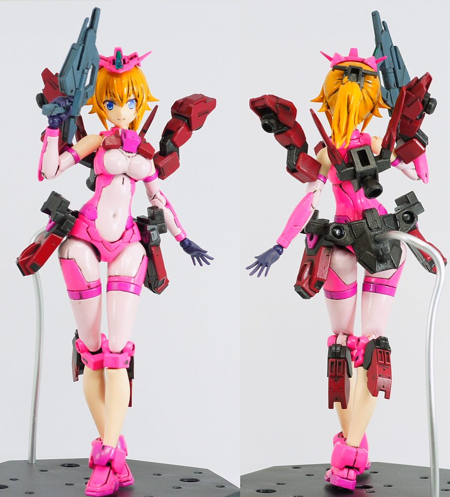 撮影用のスタンドを別に製作しております、山田化学さんのスタンドに3mmアルミ線を差し込んだ簡単な物ですサブアームのバーニアに見える所は、余ったガンダムエアリアルのパーツを加工して使用しています。他の場所にも使用しています