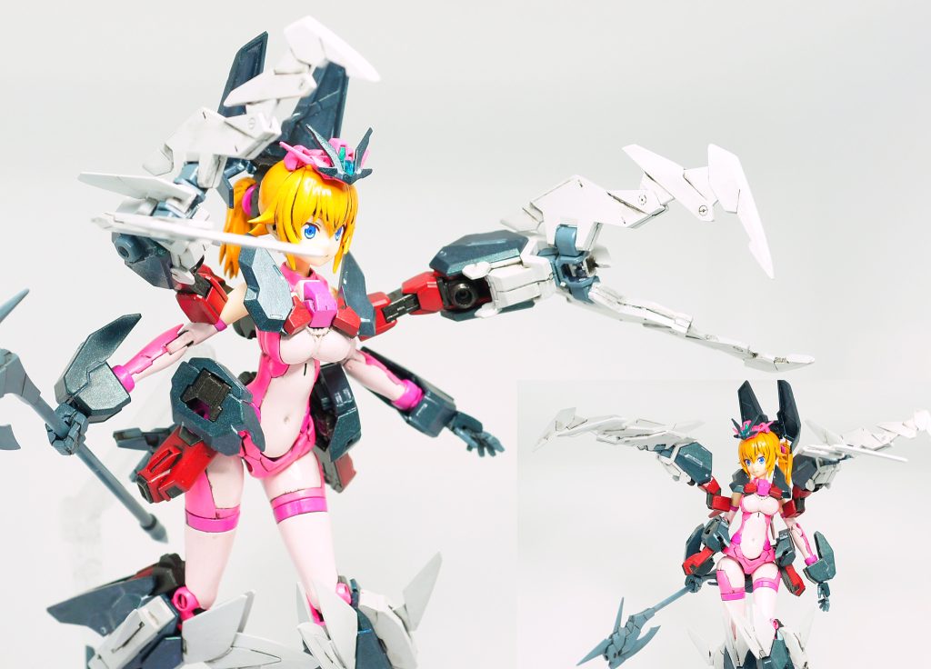 撮影中に偶然発見した攻撃形態です、そう言えばこの肩アーマーの白い所は分離攻撃が出来ましたね(忘れてた)パーツのシャープ化は金属ヤスリを使っています、先端がだんだん薄くなるヤスリってどうも苦手なのですが…こういう時に役立つんですね~(多分違)