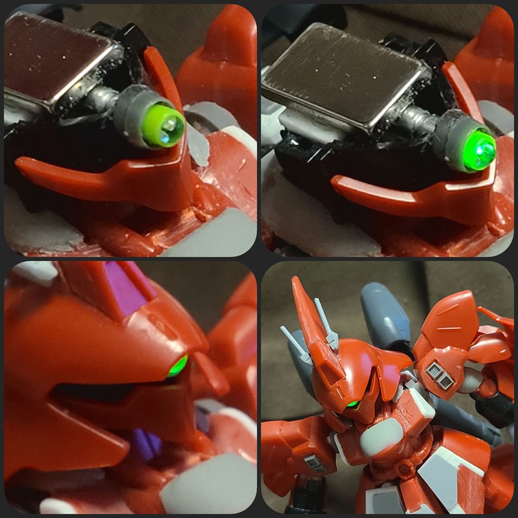 SDなので、頭部内に結構なスペースがありますから、いつもの蛍光塗料ビコーンシステムではなく、ミライト(LED一体型リチウム電池)ビコーンシステムを導入。組み立て後にオンオフのための取り外しがしやすいように、ヘルメットは磁石での取り付けにしています。ツノはイラストのような細身のもの、、、ということでビルダーズパーツのレドームに付属するアンテナパーツを流用してみました