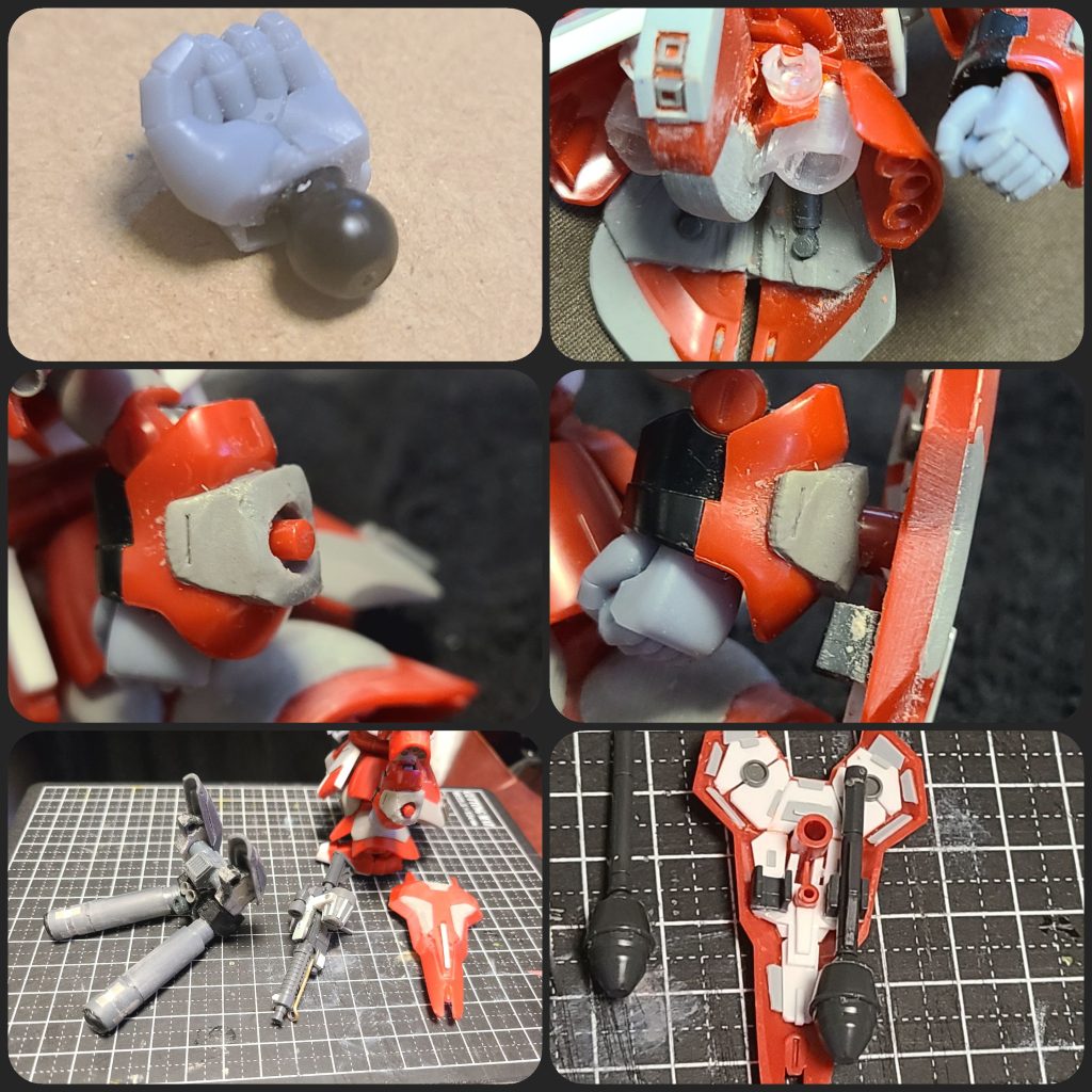 手はロボマニ(Ver.2)ですが、キットの接続ジョイントを移植しています。大股に立たせるため、脚の基部を削り取り、同シリーズのガンダムの基部を、少しずらした位置に配置。これによって脚の付け根が外側に移動&1.5㍉脚長になりました。下腕の形状的に、シールドの接続軸が丸見えなのがイヤだったのでパテで、接続器具のようなものをでっち上げ(笑)。シールド裏にも情報量を増やし、シュツルムファウストもマウントできるようにしました。