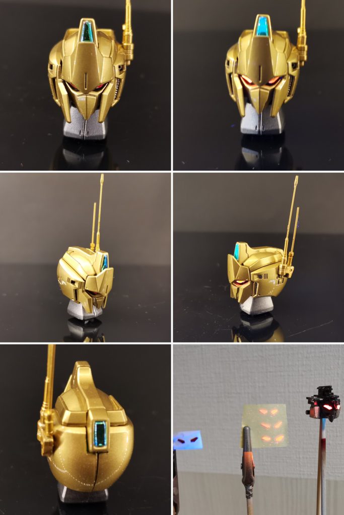 ここからは部位ごとに改修箇所をご説明します。ツインアイはクリアパーツの裏にデザインが彫り込まれていて塗装で隠れてしまうので、プラ板で自作しています。2本のアンテナの1つはHIQパーツ、もう1つは ICソケットを基部に、マスト部を虫ピン(0.6㎜)で制作した自作品です。センサーは蛍光塗装後にHIQの透過ミラージュグリーンシール。通常照明でも偏光・反射効果で見栄えするため、非発光状態でも楽しめます。