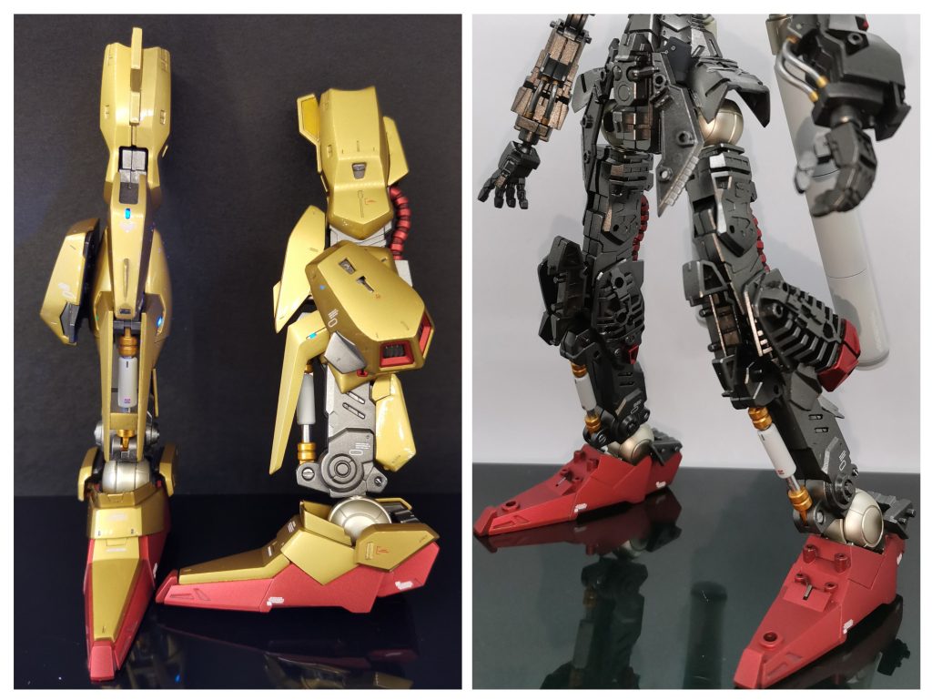 脚部はスラスターを更に重ねた特徴的な構造になっています。この部分を可動させるため元の接続を取り払い、3mmの穴を開けランナーをぶっ差して軸で保持する方法に変更しました。むき出しの脚部フレームに百式の魂が宿ると勝手に思い込んでいるので、関節やシリンダーも納得いくまで塗り直し、デカールで情報量を追加。丸モールドは穿孔しシルバーで塗装したボルトを埋めるなど愛情たっぷりに仕上げています。