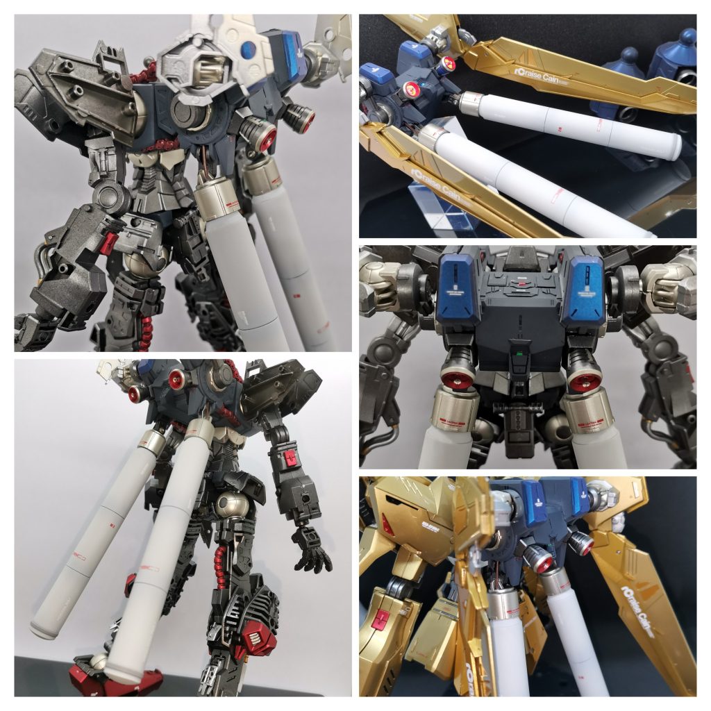 バックパックに三角屋さんのバーニアを接続しICソケットを追加しました。灰銀式に無いドラム式バーニアは、ナイチンゲール制作で未使用のプロペラントタンクに置き換えました。他にもカラーチップや、重機らしさの演出に追加ケーブルをタンクに接続、装甲の隙間を自作パーツで埋める等の加工をしています。しかしMGのフレームは重々しい兵器感があって本当にいいですね。外装で隠れるのがもったいないです。