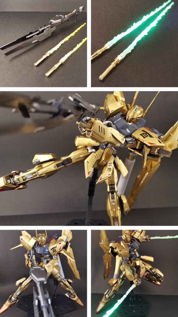 武装類です。ギミック展開後のライフルは格好いいのですがロマン溢れる全長のため、なかなか百式と一緒に画角に納まってくれません。銃口を拡張し金属部品を埋め込む等こだわりを持って仕上げましたが、ただの1枚すらまともに写ってないという。余剰のビームサーベルで塗装テストを行いましたが、今のとこ乳白グラデーション塗装が1番それらしい仕上がりになってくれています。このまま今後の定番になりそうです。