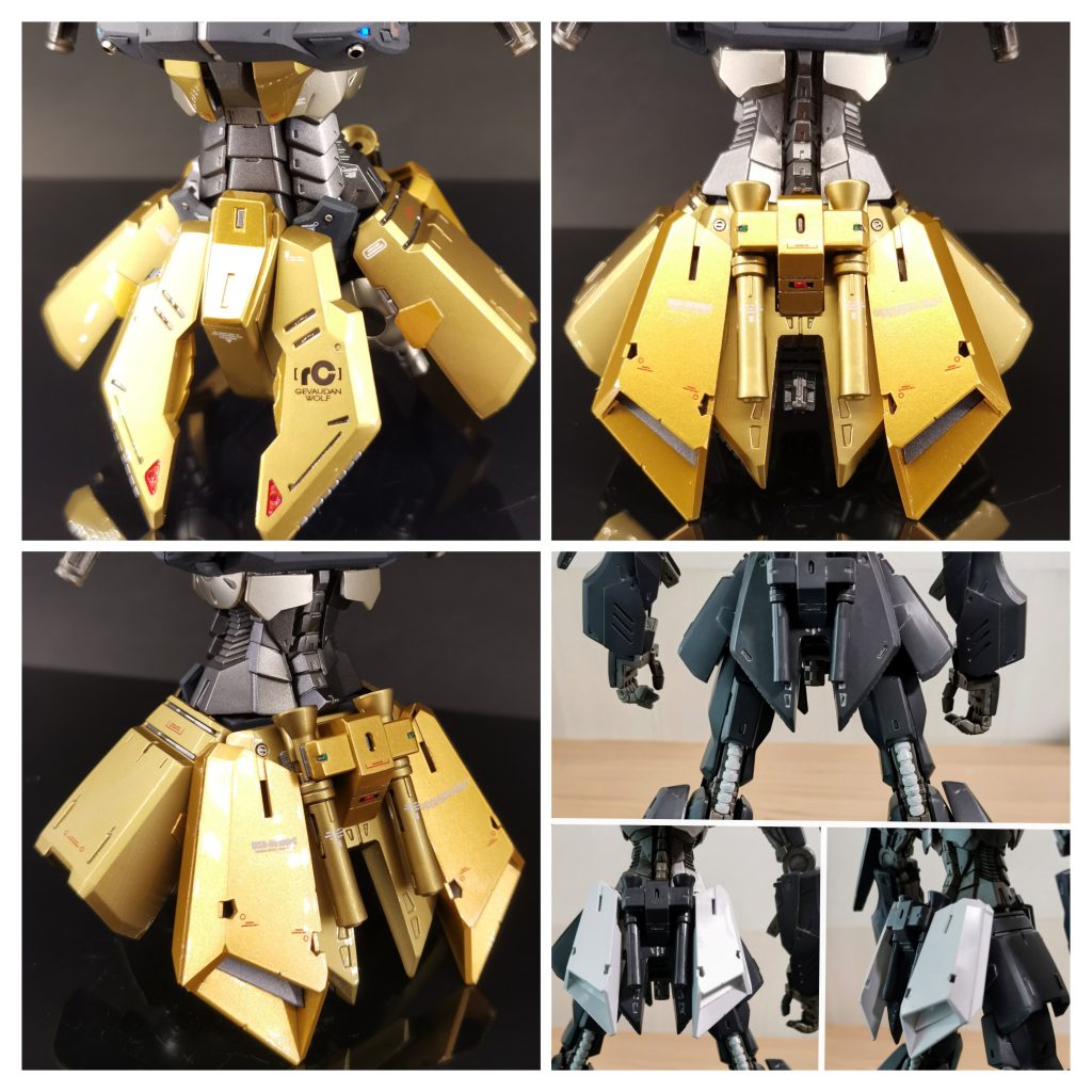 腰部もアレンジが実にかっちょ良いです。脚長化されたキットに見劣りしないボリュームを背面に持たせるため、MGゼータver.ka 2.0のリアスカートと自作パーツを組み合わせました。目立たなければ許されようという何とも後ろ向きな精神で楽しく改造させてもらいました😆