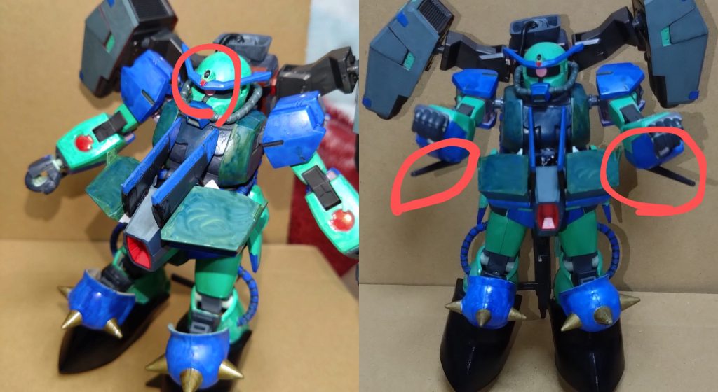 この機体の武装を紹介。 12.5mmCIWS頭部ブレードアンテナ上部に装備された１門の近接防御火器。主にミサイル等の迎撃に使用される。こちらは旧キットの『アビスガンダム』のブレードアンテナを使用しました。  連装砲×2肘に装備された計2門の実弾兵装。炸裂式の砲弾を装填しており、その威力は非常に高い。こちらも旧キットの『アビスガンダム』のモノを使用しました。