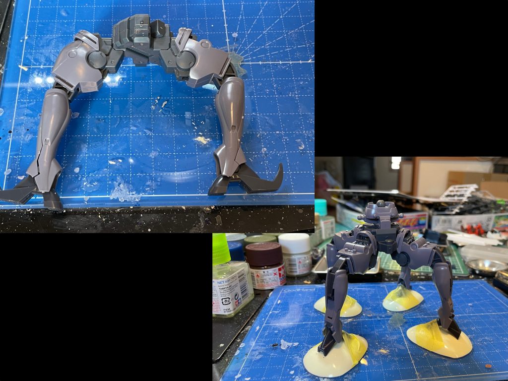 普通だと右上のようにあまり股関節が動かなかったので,股関節の根元を削って曲がるようにしました.足は100均のプラスプーンで作りました.