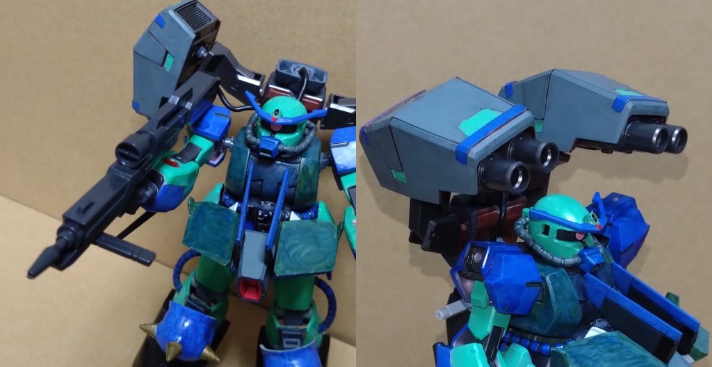 GNユーディキウム・ビームライフルラテン語で『審判』を意味する『プロヴィデンス』の大型ビームライフルをこの機体用に改良。ヴァーチェパックのGNドライヴからケーブルを通して直接エネルギーを供給できるようにしたモノで、GN粒子によってビーム出力の調節も可能となった。ヴァーチェパックと繋がっている為、分離ができない使用となる。  GNZキャノン×2ヴァーチェパックに装備される可動式の2連装兵器。『ヴァーチェ』のGNキャノンをこの機体用に改良し、ビームから実弾に切り替えるようにした。実弾による威力は着弾で周囲を吹き飛ばす程。片方をビーム、もう片方を実弾として使うことも可。キャノン部分は分離し、味方機の手持ち武装としても使用できる。ザクのハンドパーツでは大きさ的に持てない……と完成した後に気づきました(-｡-;