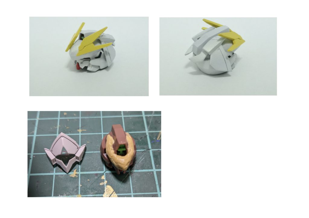 最後まで迷ったのが頭部の製作です。メカクレ感を出すため額にパテを盛ったあと、転がっていたミカエリスの顔面を真ん中から縦に半分にし、向きを変えて後頭部に接着。アンテナは真ん中から分割しています。するとなんとなく「あの子」っぽくなりました。我ながらうまくいったと思います。ガンプラ品薄の中、量販店でバーゲンセールになっていたルブリスソーンでこれだけ楽しめました!