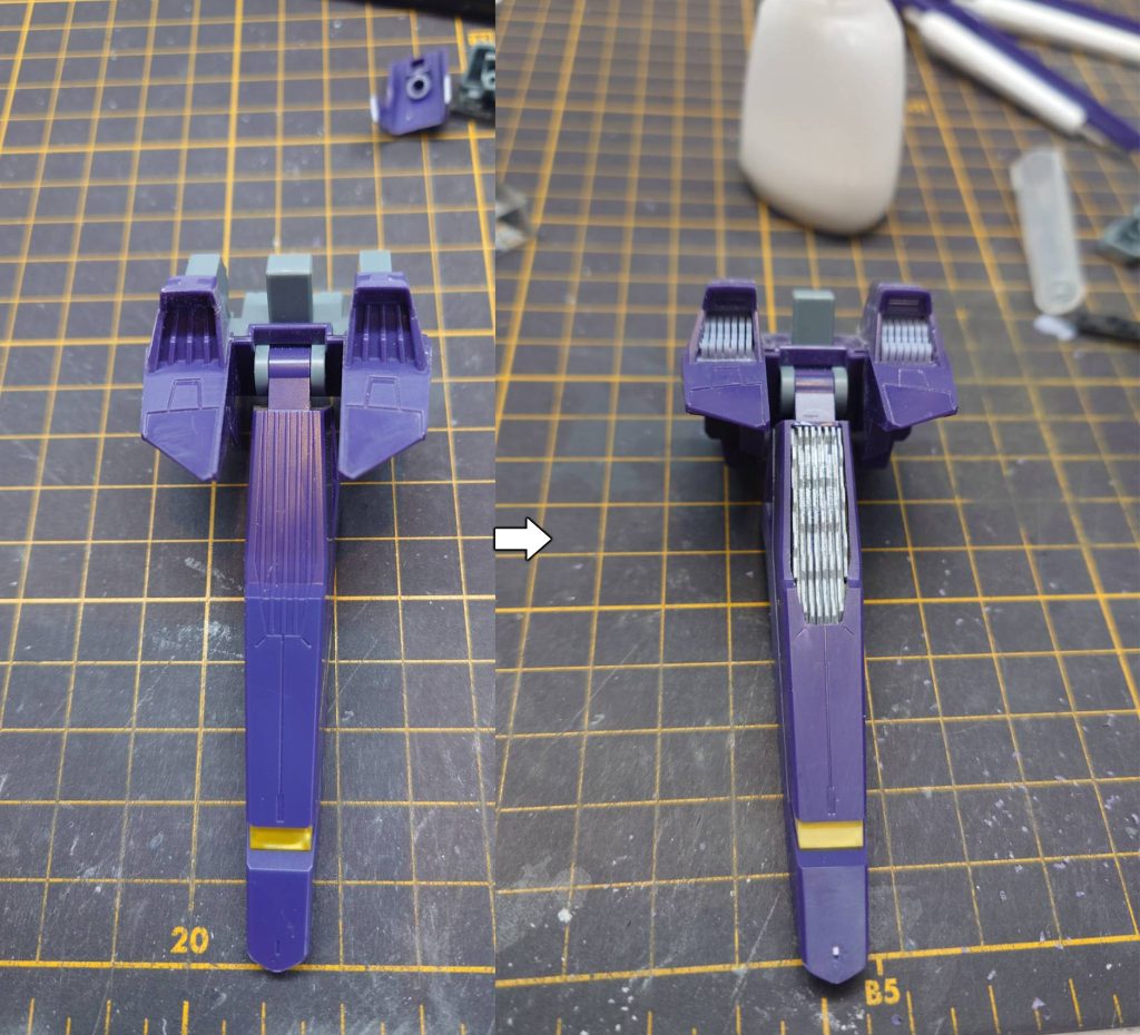 ライトニングストライカーのバックパックのディテールがさみしかったのでwaveさんのディテールパンチを使いシイタケディテールを追加上部には3Dプリンターで出力したディテールアップパーツを埋め込んでいます。