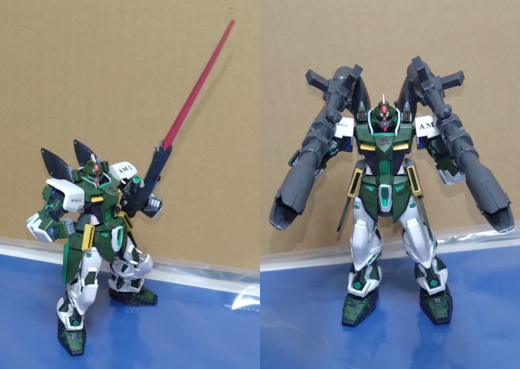 試作高エネルギービームライフルプロヴィデンスのビームライフルからプロヴィデンスザクのライフルを経由し開発される高エネルギービームライフルの試作品。後にレジェンドのビームライフルとなるモノで、この試作ライフルの銃口からはビームサーベルを発生させることが可能。このライフルは『HGレジェンド』のモノを使用しました。 バズーカ×2ショットランサーやライフルとは別の手持ち武装として使える予備武装のバズーカ。こちらは前大戦でザフトが回収したストライクのバズーカをザフトが生産したという設定のモノです。２丁持ちが可能。こちらのバズーカはどちらもEGのモノを使用してます。