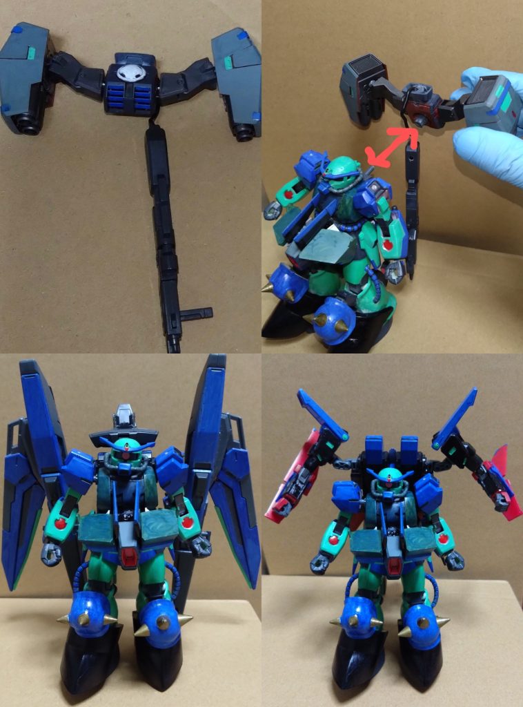 上でも説明してましたが、バックパックは『ヴァーチェパック』と命名しました。説明したように取り外して別のバックパック、主にストライカーなどに交換することが可能。例として幾つかの装備状態を披露しようと思います……が、それはこれから入るストーリーにて語ろうかと思います。  〜ここから久々のストーリーに入ります〜 この日、メモリーに呼ばれてX(クロス)、アース、カナ、そしてニノの4人は格納庫に集められる。なんでも、ニノのMSの改修が終えたとのこと。 ニノは初め目隠しでその場に案内され、ここで目を開けて確認する。 「これが私の…？」 「機体名『GNZ(ガン・ズィ)』、『GNザク』や『GNドライヴ搭載ザク』とそのままの名前で呼んでも構わない。最大の特徴はガンダムに近づけた性能を持ったザクであるということだ」 説明するメモリーは話を続けながら、タブレットのモニターで映像を見せながら武装や特性、能力について長々と語る。しかし、ニノには理解できないのか、頭からオーバーヒート寸前の湯気が出つつあった。 「つまり、通常のザクと同じ操縦だけど強くなった……ということだ」「なるほど！分かりました」 X(クロス)の簡単過ぎる説明によって、すぐ理解したニノ。アースからは『本当に分かったのか？』と疑問視する声が…。 更にメモリーの説明は続き、新たなザクの背中に装備された『ヴァーチェパック』の取り外しまで話が行った。 「GNZは他MSの装備、主にストライカーやシルエットとの合体・換装が可能となった。例として幾つかの装備した姿のイメージがここに…」 メモリーはタブレットのイメージ画像を見せる。 一つはガンダムリベロの支援機ことイクシードファイター。驚異的な速度で空を駆け巡り、装備された多彩な武器で敵を翻弄する。 そしてもう一つは……と、語ろうとした時、その人物は現れる。 「僕のガンダムの装備、『クローズエンド』との合体だね？」 「リオ・カトラットさん」「すまない、勝手に装備を使って。ここで補給した際、少しだけデータを見てしまって……」 現れたのは前回、宇宙世紀の海賊の時代での戦いが終わった瞬間に突如として現れたガンダム『ファイナルラストニッパー』のパイロット『リオ・カトラット』である。彼はとある世界から別世界で起きている全ての戦争を時空を超えてまで無くす旅を続けている少年。俄かに信じられないが、X(クロス)やメモリーはファイナルラストニッパーに搭載されている技術やテクノロジーから彼の話を信じているようだ。その証拠に彼は一時的ではあるがメンバーに入っている身なのだ。一応、バイト扱いで……。 そんな彼は支援機であるクローズエンドを召喚(カードシステムで時空を超えて出した)。補給を受けており、その際にメモリーはGNZにもクローズエンドを装備可能にした……とのことだ。