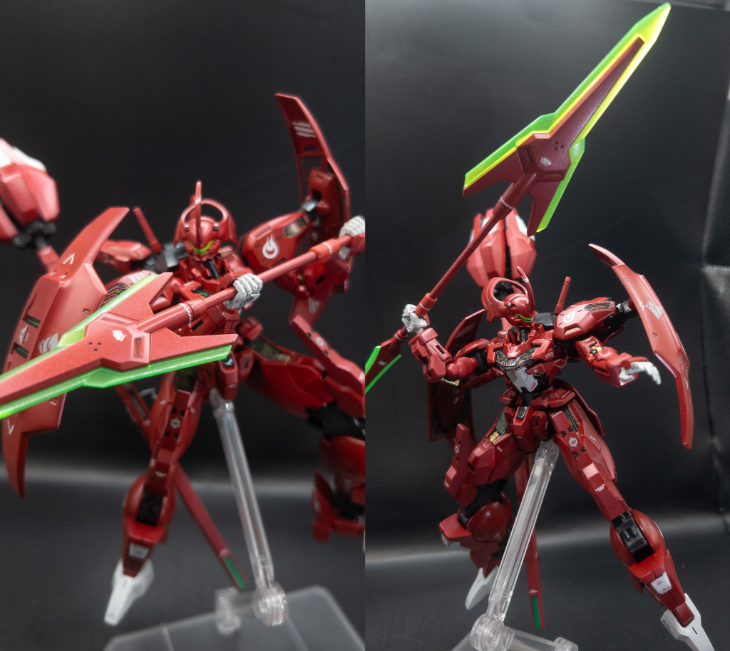 頭部はダリルバルデに付け替え可能キャリバーンには付属していない左平手を、ダリルバルでから持ってこれるのも嬉しいキャリバーンの首パーツにそのままだと狭すぎてハマらないので、頭部裏を彫刻刀でガリガリ削って無理やり嵌めてます