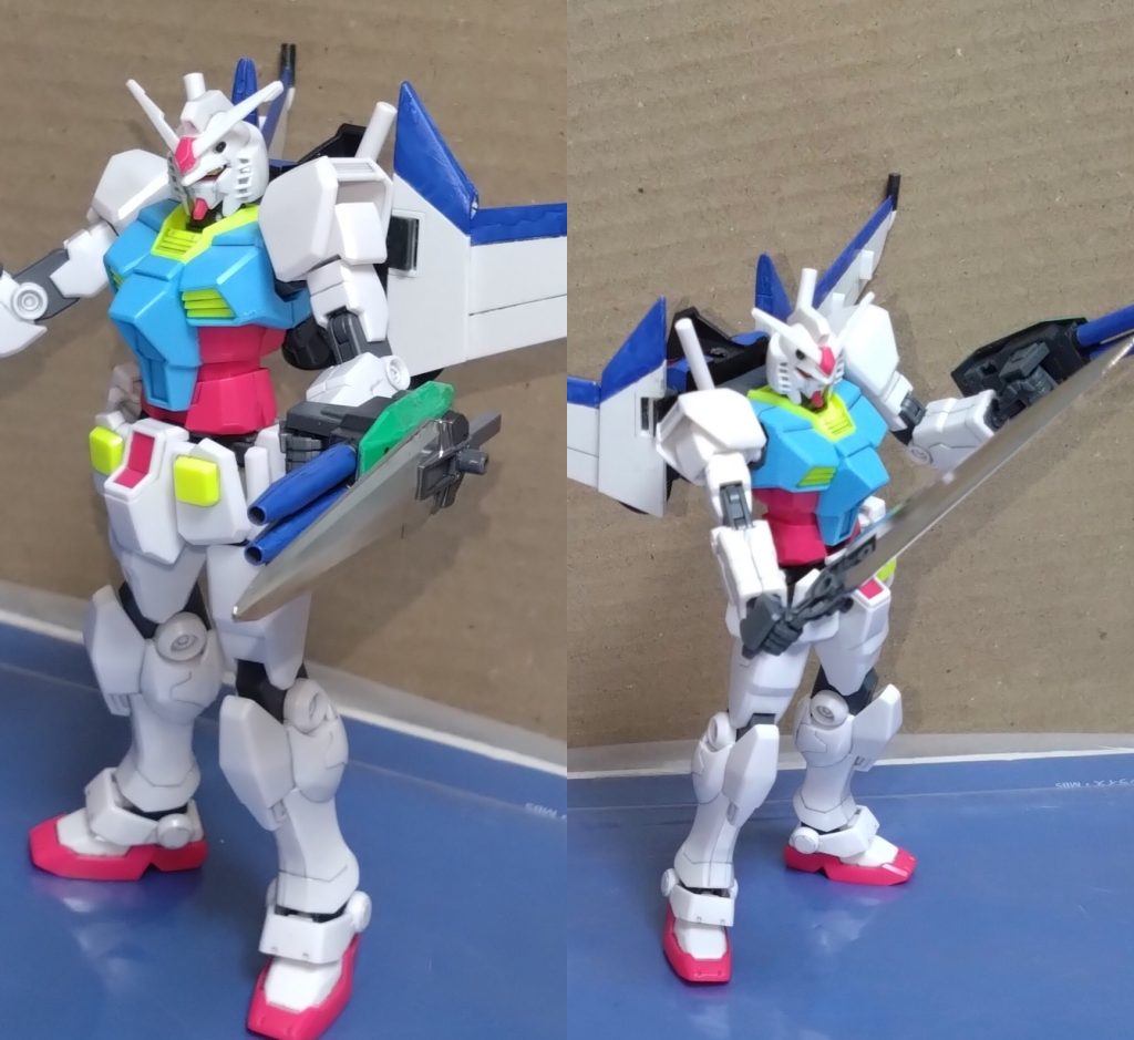 二連ビームライフル&ソードHGカスタマイズキャンペーンのモノを使いました。スカイストライカーに装備するこれらは手持ち武器となり、更には分離してライフルとソードを別々に使用することも可能。二連ビームライフルは通常の射撃で連射も可能で、チャージによる射撃では威力を高めたビームを放つこともできる…という設定。持ち手のグリップは取り外し可能の為、右手持ち手も可。ソードはどんな装甲も斬り裂く…という設定。対ビームコーティングされている為、ビームを防ぐシールドとしても使える。