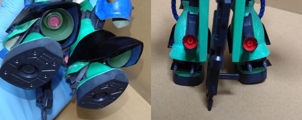 使用したガンプラは前に投稿した『ザクII(ニノ機)』がベースとなっており、もう一機の『ザクII』の肩、『ナラティブガンダム』のパーツの一部、あとは『ガンダムヴァーチェ』のモノがほとんど、そして一部に『ジオング』のパーツも使いました。 そんな機体ですが、ザクの脚にスラスターを増設しました。まず膝下にジオングの肩を付け、内側にジオングのスラスターの一部を取り付けました。移動中に急ブレーキ、高速で後ろに下がる等の行動をしやすくした……というのが理由になります。あと、後ろにもいろんなガンプラの余ったパーツでスラスターを追加。『速いけどそこまで速くないザク』と、パイロットのニノの操縦技術に併せたMSと言えます。高性能でも高性能過ぎて操縦がついて行けないという彼女が上手く使えるであろうガンダムに近づけたザクとなりますね。 ↓『ザクII(ニノ機)』を知りたい方はこちらから見れます。本機と見比べてみて下さい。https://gumpla.jp/hg/1914801 