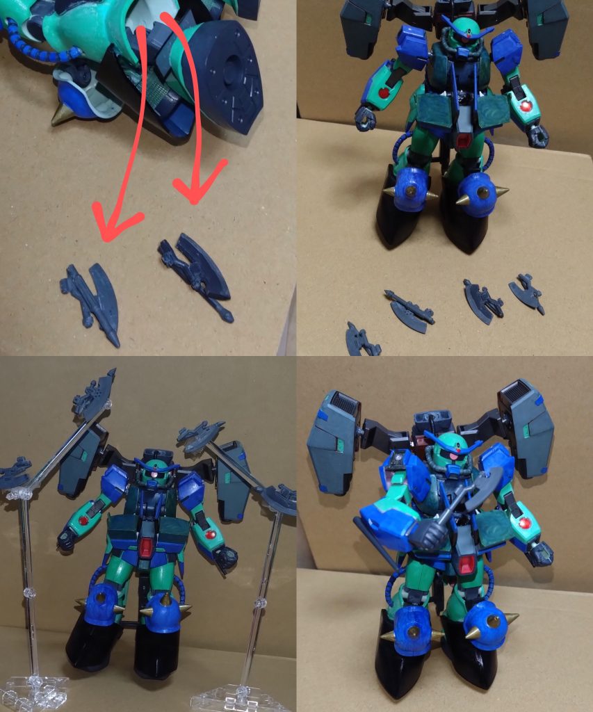 ここで最大の特徴となるオリジナル武器を紹介。ザクにとっては珍しいファンネルですが、ザクに相応しいであろうファンネルを用意しました。複数のヒートホークを手に入れるのに苦労しました……(-｡-; その武器の名は 『ホークファンネル』 遠隔操作による4本の斧型ファンネルになります。パイロットのニノにはニュータイプの素質があり、開発したメモリーが別世界の技術でありながら独自の技術により製作した世界初とも言える斧型ファンネルになります。このファンネルは重力化での使用も可。ファンネル収納ですが、ザクの脚の内側に空洞があったのでそこに常に収納している…という設定にしました。持つ部分であるグリップは折り畳み式ということで収納時は折り畳んでる設定です。ファンネルではそのまま回転しながら飛ばす。手持ち武器として使用することもでき、その時はグリップを動かして使用する形となります。これらはザクのヒートホークを使ってます。