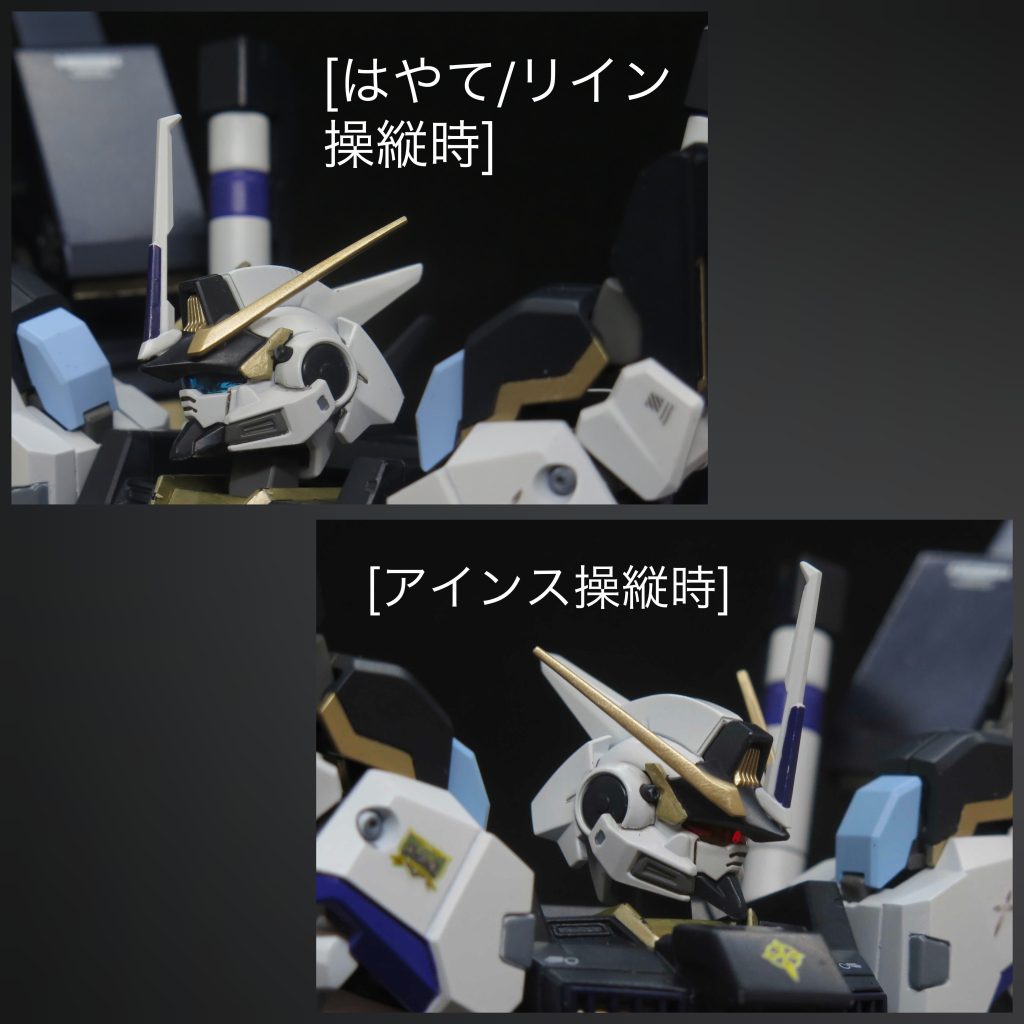 特殊機能：REINS(Reinforce Engaged Intellectual operatioN System)自立式の執務用OSであり、あらゆる状況を応じて機体各部、火器、及び機動管制などを最適化を行い、もしくは各種リミッターを適時に解除して、機体能力を限界まで引き出す。性質上ではEXAMシステムの同類とも言えます。それと共に教育型人工知能を用いて、当時状況を分析し、戦術予報や最適解をパイロットに適時に提案する戦闘補助システム。なおあくまで提案であり、最終の決定権はパイロットに委ねている。GBNでは相棒のアインス、またはリインがサブパイロットとして機体管制を務める形で再現している。それ以外、ハヤテには近接戦闘を長けていない為、接近戦の場合では操縦をアインスに渡す事が多い。この時、機体のバイザー色も青色から琥珀色に変更します。リインがサブパイロットを務める時には両方とも接近戦に弱い故、機体性能が低下する弱点もあります。