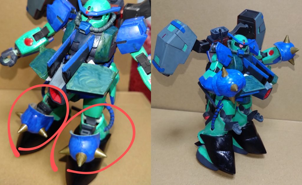 そして最後の武器であり、必殺技……とも言えるモノ。前回の『ザクII(ニノ機)』の改良版になります。 『スパイクパンチ2』改め『ニノパンチ2』ザクIIの肩にあったスパイクアーマー(×2)を対ビーム対策としてコーティングを施し、それらを今回膝に装備しました。アンチビームシールドの代わりでもあります。そのまま膝蹴りしたり、取り外して手に装着も可。今回は2つあるので『ダブルパンチ』ができます。ビームを殴って防ぎつつ、敵にカウンターを決める……という戦法もできます。