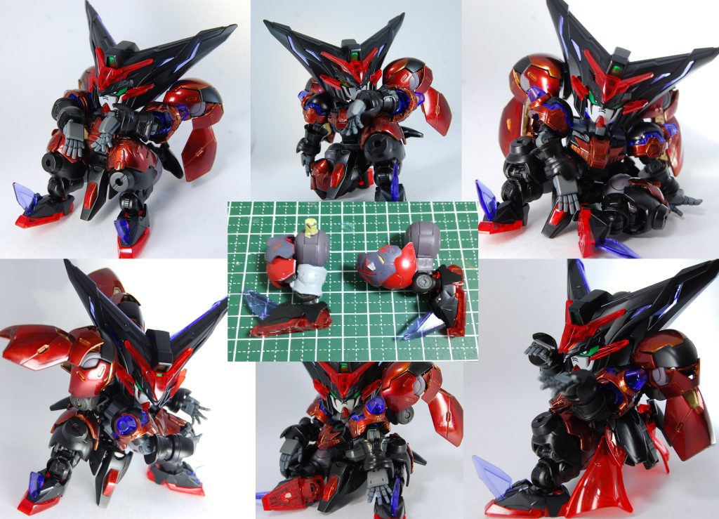 　下半身の構成は、「HG式の股関節＋開く膝＋足首関節」です。脚の前方向と下方向は比較的干渉物が少ないので、「せっかく可動軸を追加したのに干渉物がボトルネックとなって可動域をフルに発揮できない」ということが起こりにくいんじゃないかと思います。膝にはバルバトスルプスの肩アーマーを付けて筋肉の隆起っぽいマッシブ感が出るように。膝の開閉可動によって、閉じてる時は腿っぽく、開いてる時は膝っぽく見えるように。どこまでが膝でどこまでが腿なのか、境界のあいまいな二重性のあるデザインを立体で表現することを目指しました。　膝が開く（前に出る）ことによって立膝や膝つきなど膝関節の可動に近い表現ができます。立膝ひとつでも色んなニュアンスの表現ができます。脚の短いSDにとっては、膝が実際に曲がってるかよりも膝がしっかり前に出るかが表情付けする意味では重要と感じました。脚の可動工作について詳しくは製作過程に。