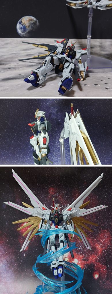 “エンゲージ!”傷付き、倒れる“フリーダム”。そこに飛来した“プラウドディフェンダー”とドッキング、エネルギーフィールドを纏い“マイティーストライクフリーダムガンダム”が誕生した。