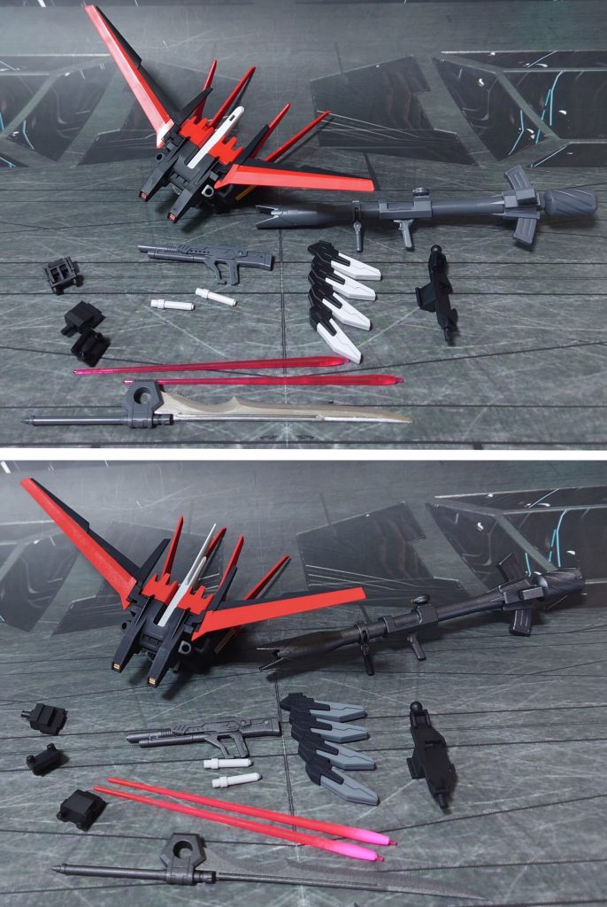 オプションパーツセット01、ガンダムマーカー素組み分と全塗装分、各1セット。全塗装分の工作は、ゲート痕処理、エッジ尖らせ、パーティングライン・段ズレ・ヒケの対処、面出し、一部パーツの合わせ目消し、市販パーツ貼り付け・埋め込みによるディティールアップを実施。カラーリングについては好みで少し変更。■塗装レシピ黒：黒サフ→ダークブルー→つや消し白∶黒サフ→シルバーリーフ→グランプリホワイト→つや消し赤：グレーサフ→キャラクターレッド→つや消し金：黒サフ→ブラック→メタルゴールド→つや消しグレー：黒サフ→ニュートラルグレー→つや消しジョイント類各種：黒サフバズーカ、ショットガン、グランドスラムグリップグレー：黒サフ→ガンメタル→つや消しグランドスラム刃：黒サフ→シャインシルバー→つや消しビームサーベルグリップ：つや消しビームサーベル刃：根元にベースホワイト→先端側にメタリックレッド→全体に蛍光ピンクその他墨入れ・部分塗装：ガンダムマーカー各種