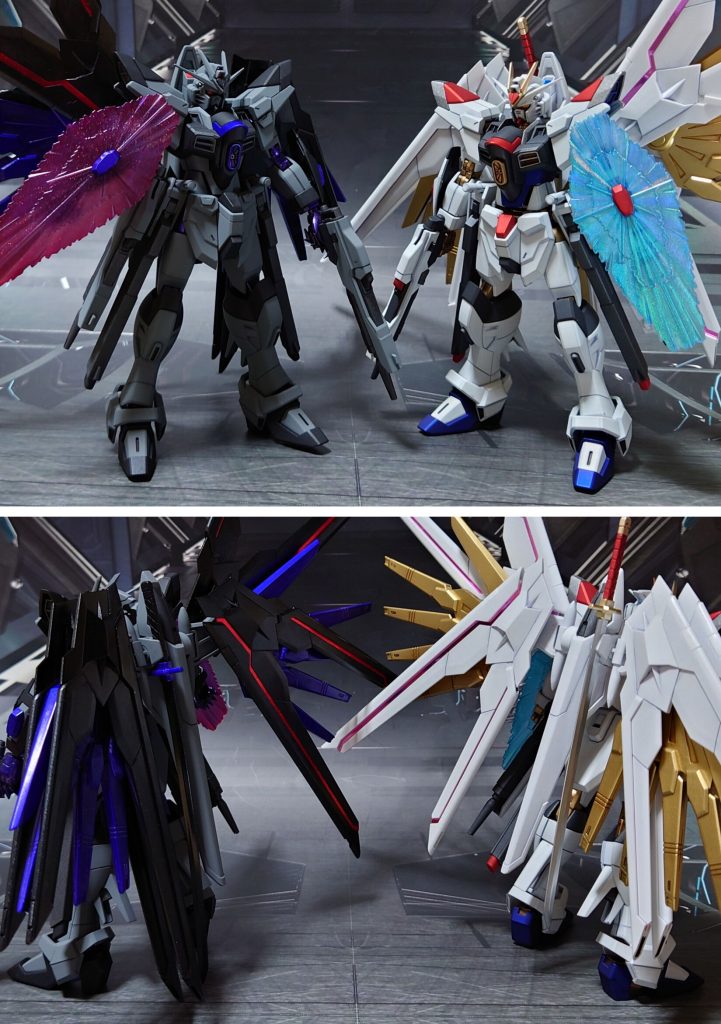 拙作のマイティーストライクフリーダムとの比較。■塗装レシピグレー：黒サフ→呉海軍工廠グレイ→つや消し黒：黒サフ→メタリックブラック→つや消し紫：黒サフ→シルバーリーフ→フロストパープル→光沢関節類紫：黒サフ→メタリックパープル→光沢金属色グレー：黒サフ→ガンメタル→つや消しプラウドディフェンダー主翼赤：キット付属のプラスチックシールにラメフレーク→クリヤーレッド→光沢プラウドディフェンダー主翼黒/刀刀身：黒サフ→メタリックブラック→光沢刀グリップ：黒サフビーム刃エフェクト(クリアパープル成型色を使用)：先端側にメタリックパープル→根元側にベースホワイト→全体に蛍光ピンクビームシールドエフェクト：表側にラメフレーク→表側にクリヤーレッド→光沢ツインアイ・頭部センサー類：黒サフ→ガンダムマーカー・ロイヤルメタレッド→光沢センサー類：市販のシール素材を使用その他部分塗装、墨入れ：ガンダムマーカー各種→つや消し